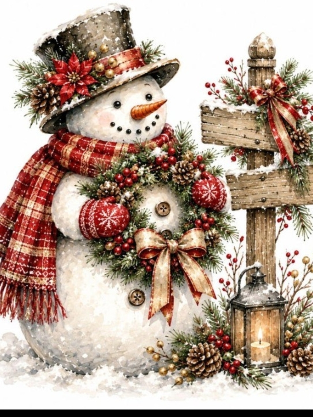 Festive Snowman Holiday Wall Art Print - Red & Green 8x10